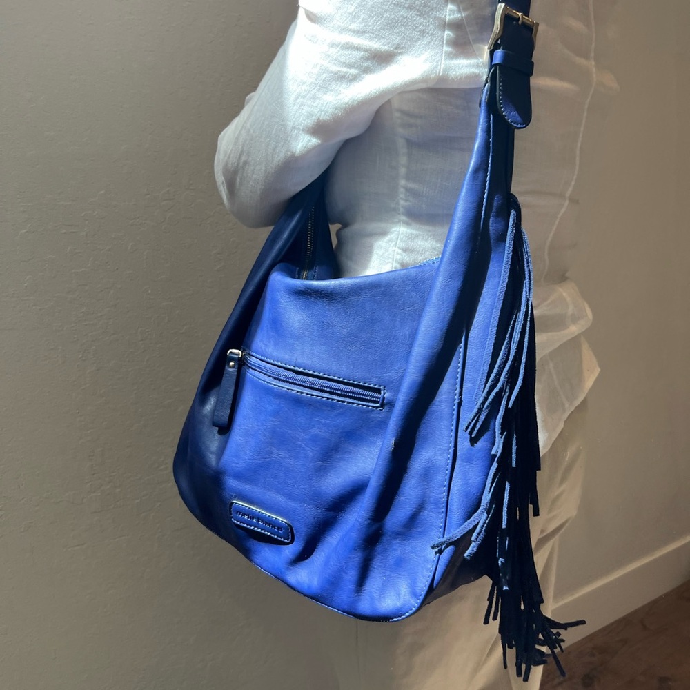 Melie Bianco Vegan Fringe Large Shoulder Bag in Blue/Purple Color and Studs